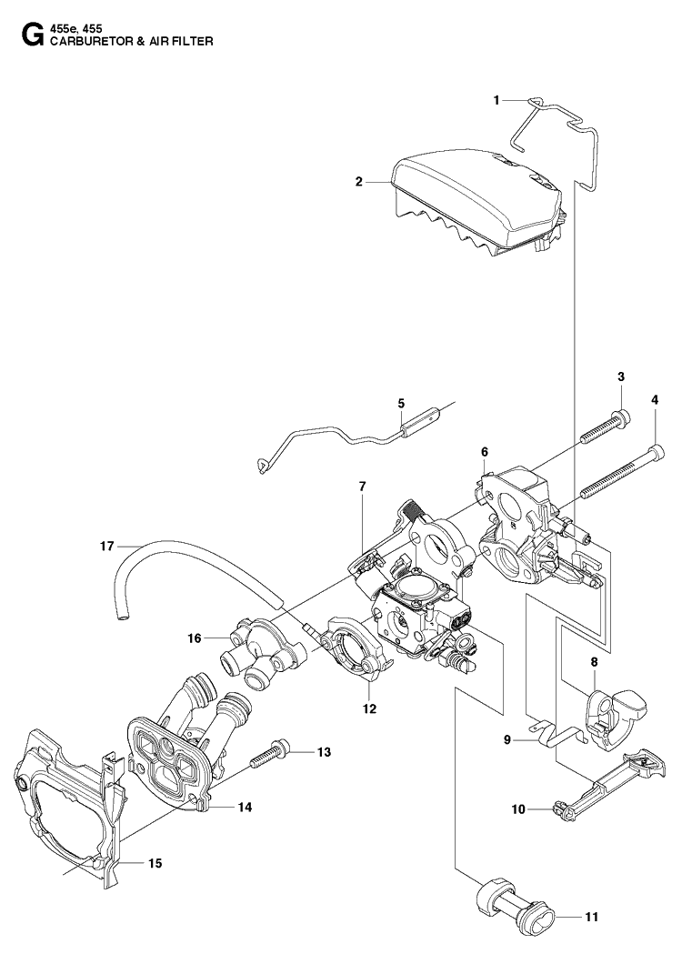 Carburetor And Air Filter Diagram and Parts List for 455 RANCHER Husqvarna Chainsaw