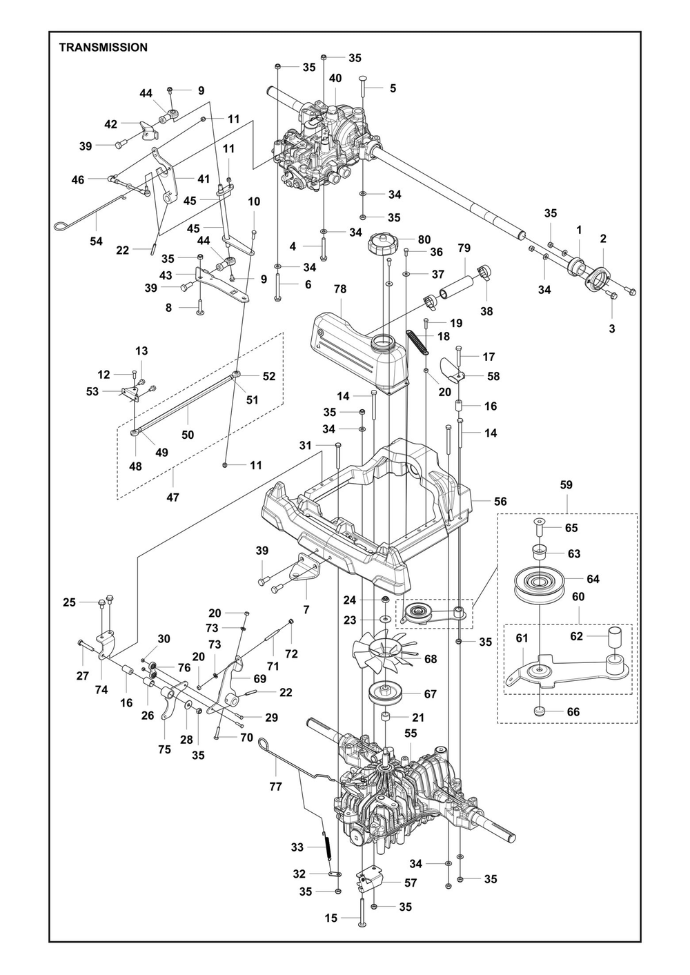 Transmission Diagram and Parts List for RC320TSAWD 2023 Husqvarna Lawn Tractor