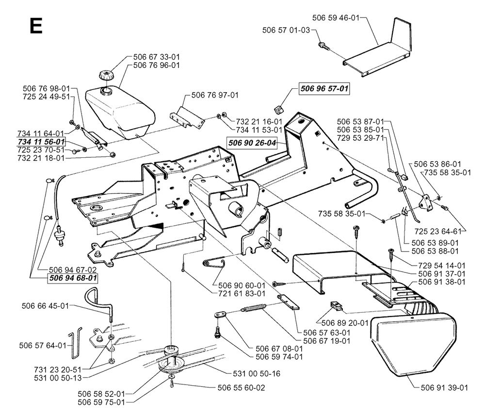 Chassis / Frame Diagram and Parts List for R850 1997-03 Husqvarna Lawn Tractor