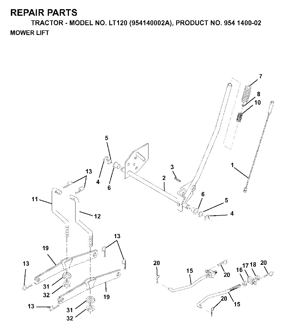 Mower Lift / Deck Lift Diagram and Parts List for LT120 (954140002A)(1997-01) Husqvarna Lawn Tractor