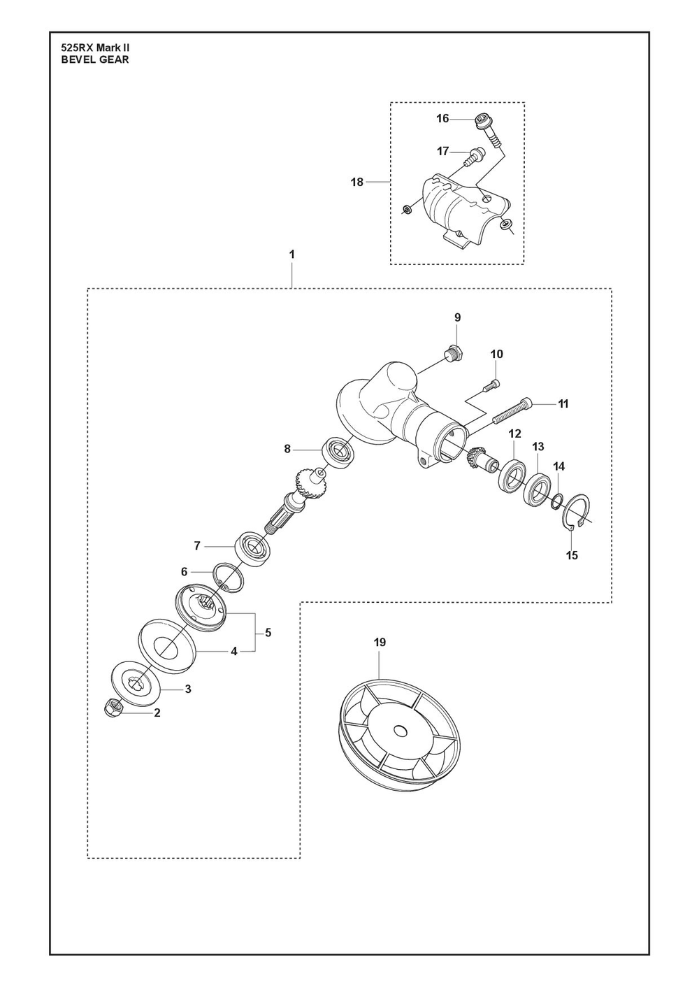 Bevel Gear Diagram and Parts List for 525RXMARKII  Husqvarna Brush Cutter