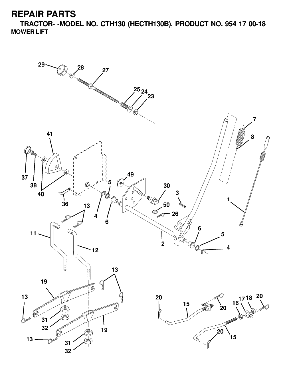 Mower Lift / Deck Lift Diagram and Parts List for CTH130 (954170018-B)(2000-03) Husqvarna Lawn Tractor