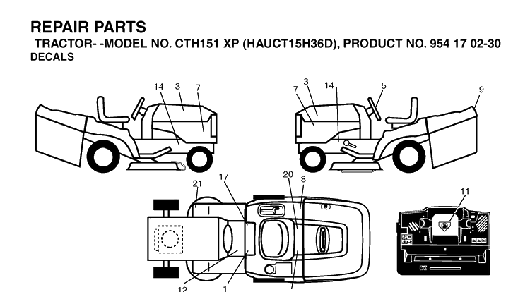 Decals Diagram and Parts List for CTH151XP (HAUCT15H36D)(2004-09) Husqvarna Lawn Tractor