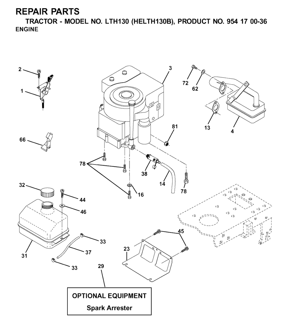 Engine And Cutting Equipment Diagram and Parts List for LTH130 (954170036-B)(2001-09) Husqvarna Lawn Tractor