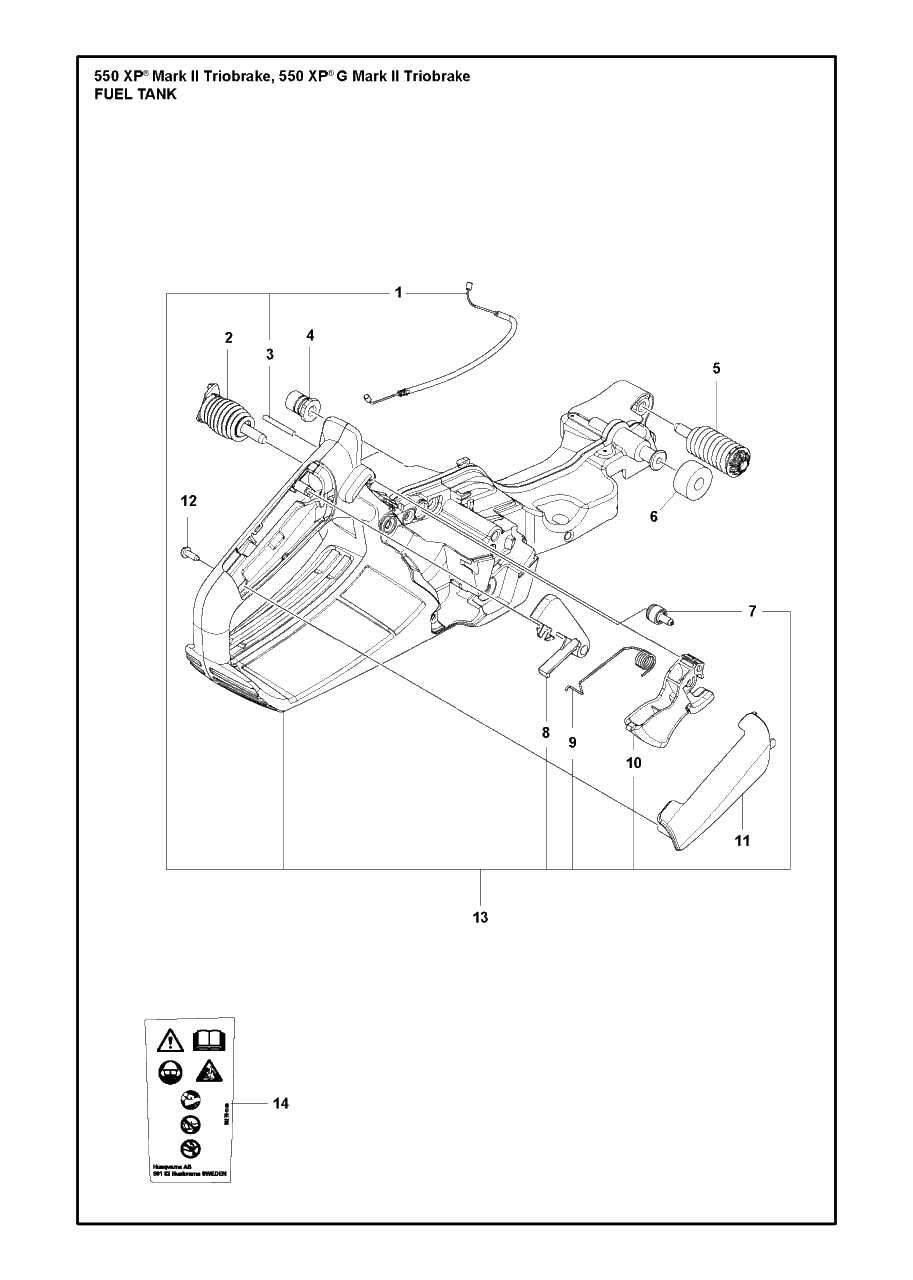 Fuel Tank Diagram and Parts List for 550XP-XPG (Mark II)(TRIOBRAKE) Husqvarna Chainsaw