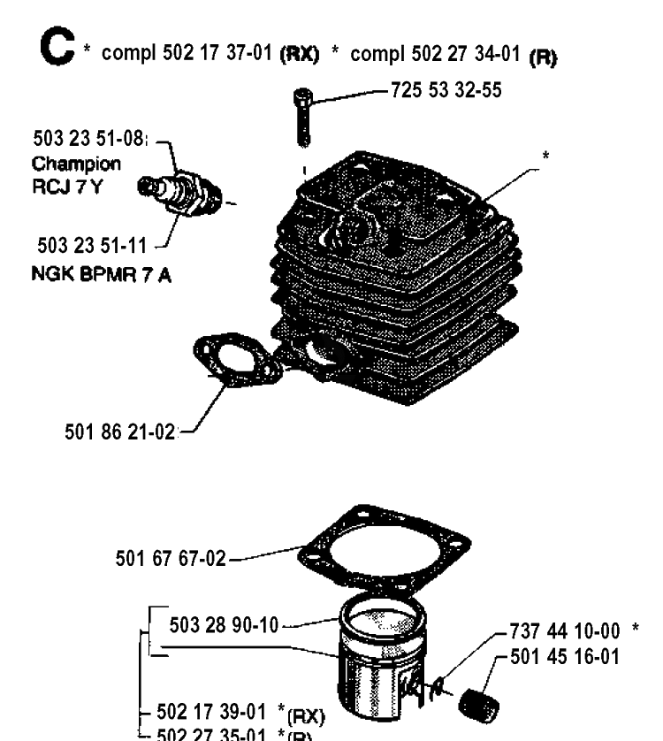 Cylinder Piston Diagram and Parts List for 250RX 19944000001-19954000000 Husqvarna Brush Cutter