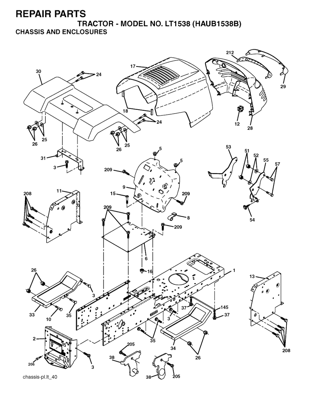 Chassis And Enclosures Diagram and Parts List for LT1538 (954170085-B)(2004-01) Husqvarna Lawn Tractor