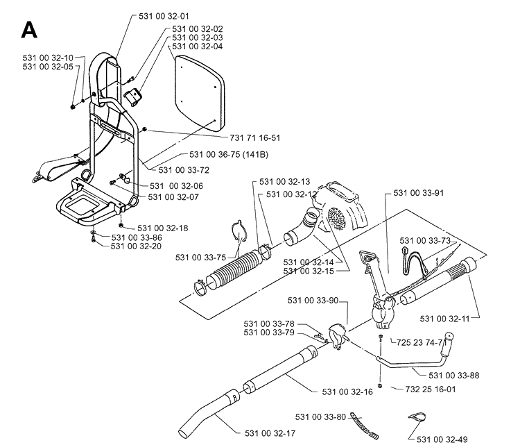 Tube Diagram and Parts List for 141B 19974000001-20041399999 Husqvarna Leaf Blower / Vacuum