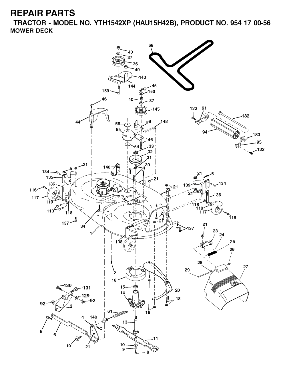 Mower Deck / Cutting Deck Diagram and Parts List for YTH1542XP (954170056-B)(2003-01) Husqvarna Lawn Tractor