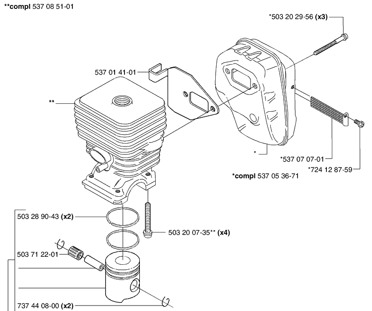 Piston / Cylinder / Muffler Diagram and Parts List for 326L 2002-08 Husqvarna Brush Cutter