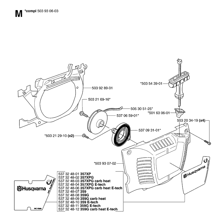 Starter Diagram and Parts List for 359 20070900001-Current Husqvarna Chainsaw