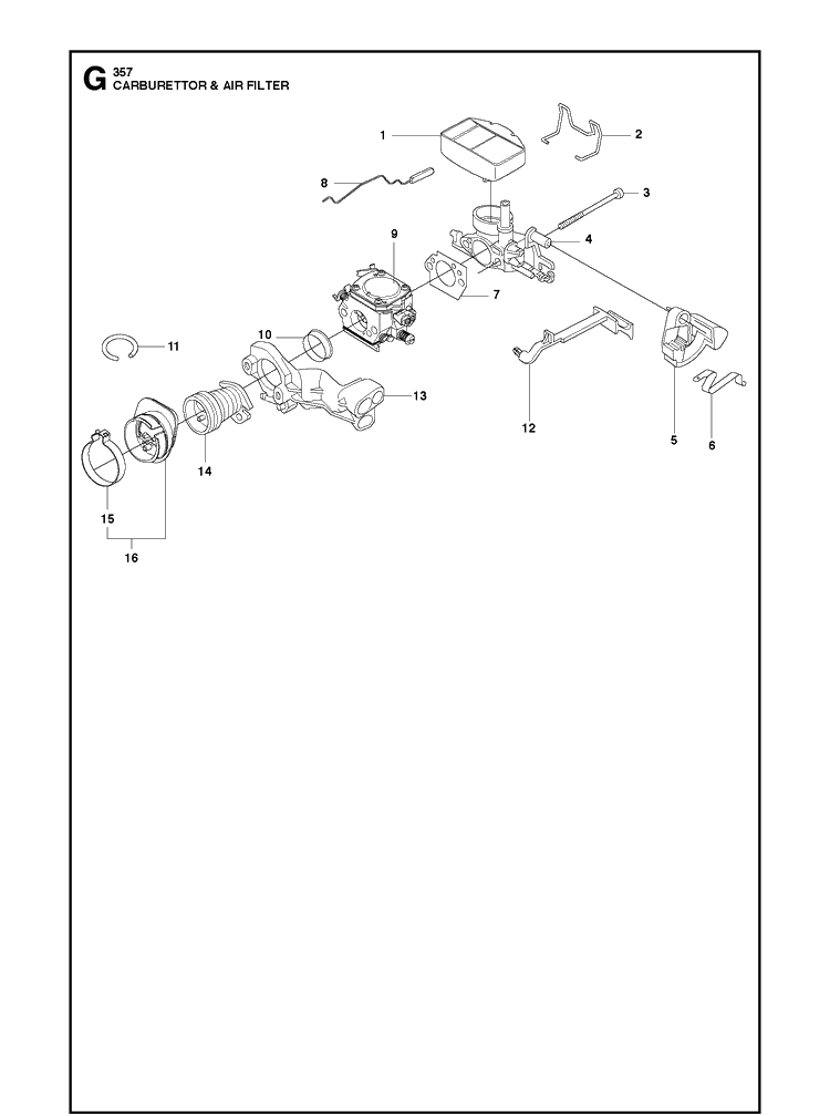 Carburetor And Air Filter Diagram and Parts List for 357XP 20111800001-Current Husqvarna Chainsaw