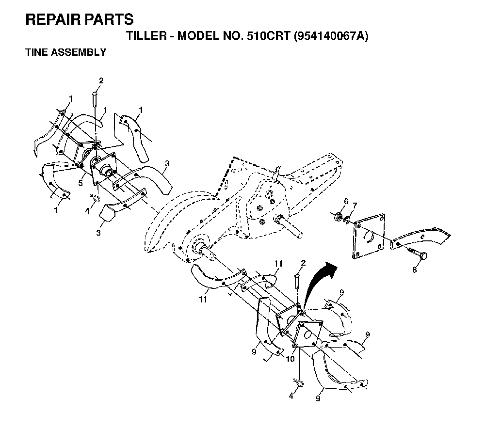 Tine Assembly Diagram and Parts List for 510CRT (954140067A)(1998-02) Husqvarna Tiller
