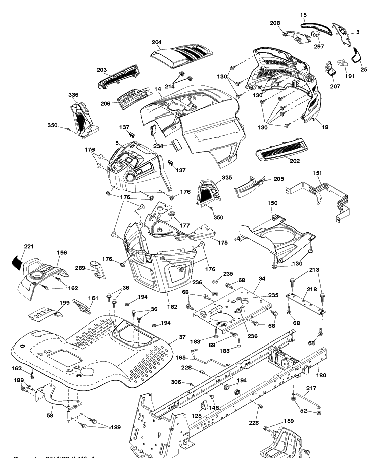 Chassis And Enclosures Diagram and Parts List for LGT2654 (96045003701)(2012-09) Husqvarna Lawn Tractor