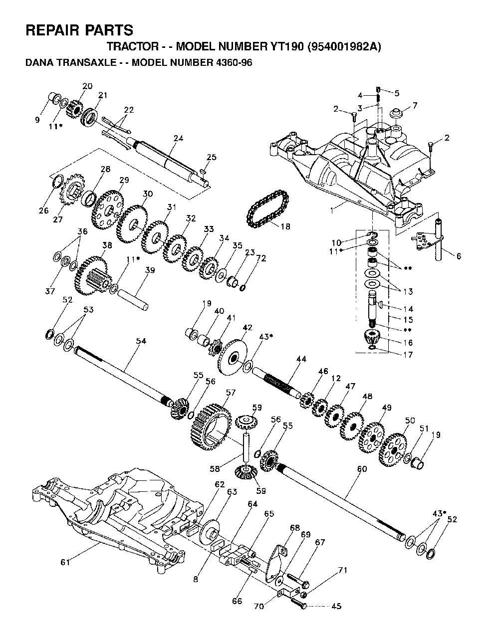 Transmission Diagram and Parts List for YT190 (954001982A)(1995-03) Husqvarna Lawn Tractor