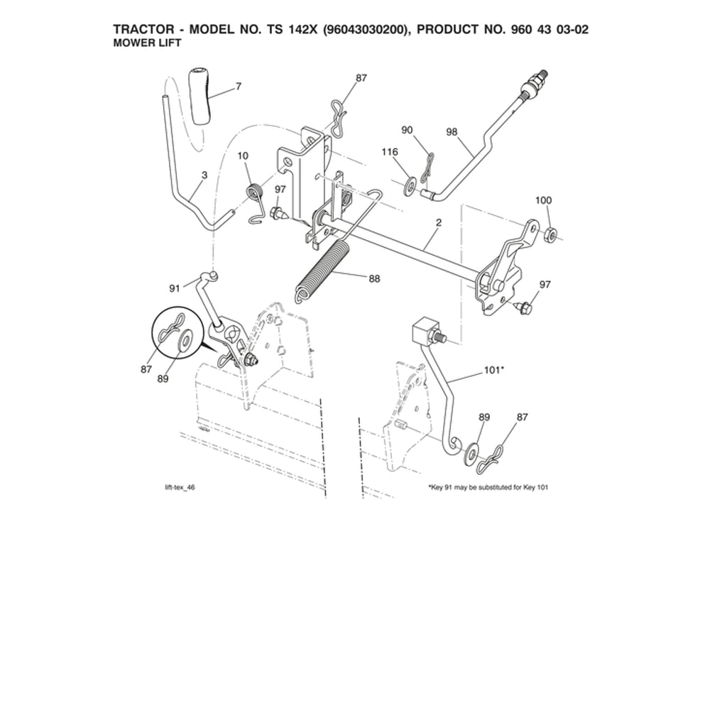 Mower Lift Parts Diagram and Parts List for 96043030200  Husqvarna Lawn Tractor