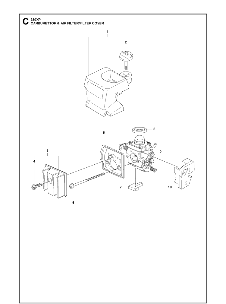 Carburetor And Air Filter Diagram and Parts List for 339XP 20100600001-Current Husqvarna Chainsaw