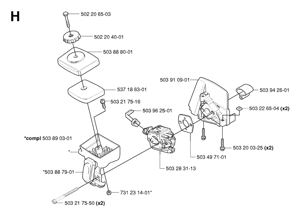Carburetor And Air Filter Diagram and Parts List for 325HDA55X 20054000001 & Above Husqvarna Hedge Trimmer