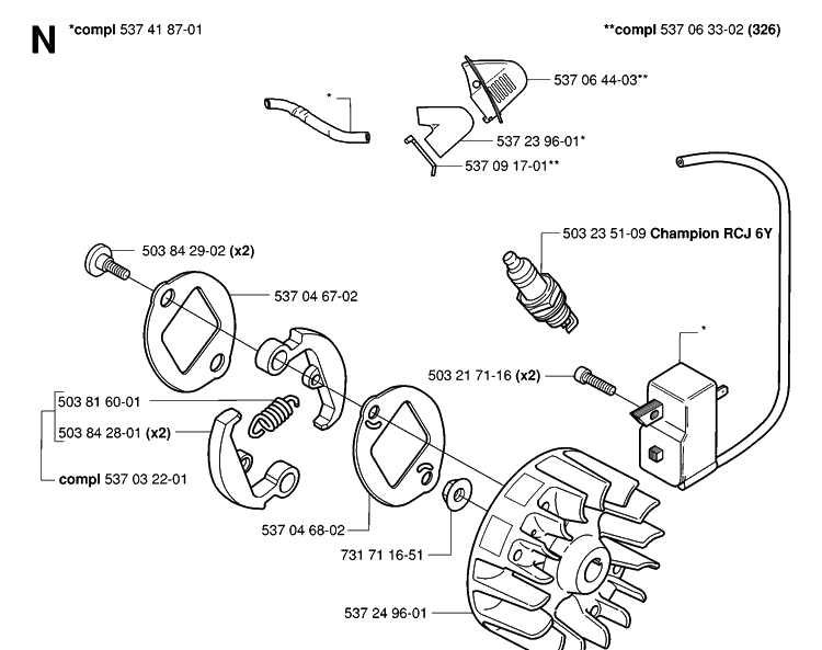 Ignition System Diagram and Parts List for 326RX 20061400001-20070100000 Husqvarna Brush Cutter