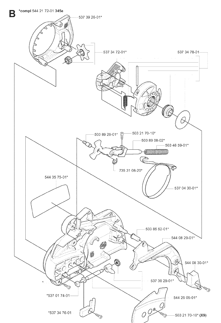 Clutch Cover Diagram and Parts List for 345 20070100001-Current Husqvarna Chainsaw