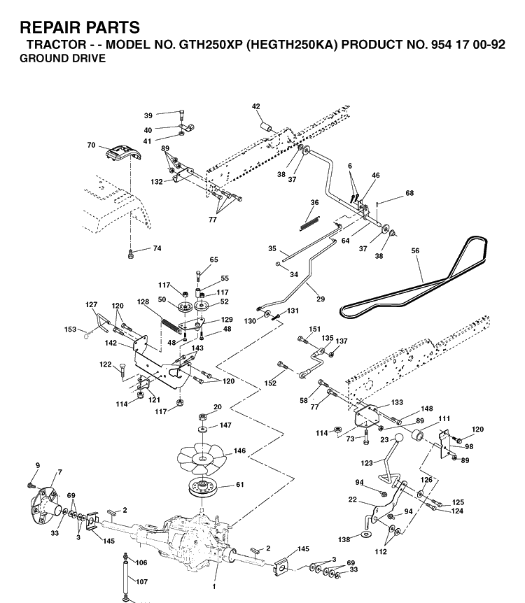Drive Diagram and Parts List for GTH250XP (HEGTH250KA)(2003-01) Husqvarna Lawn Tractor