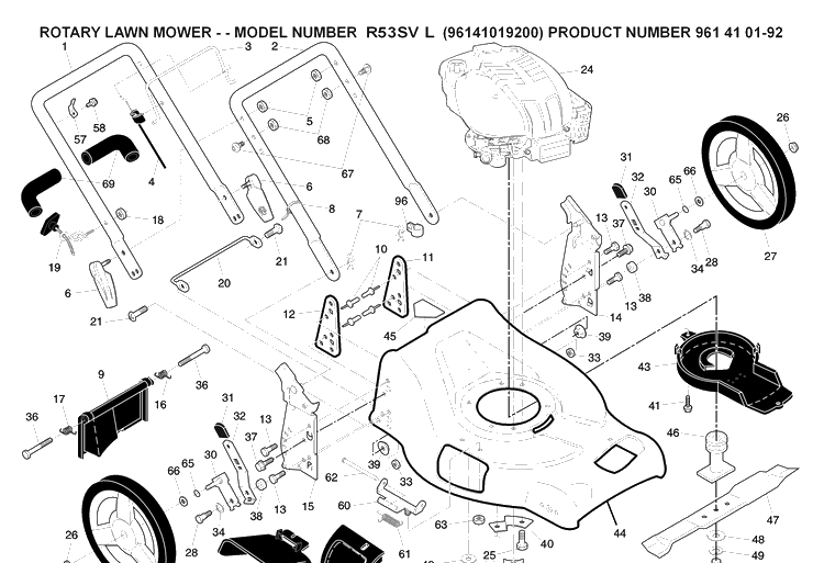 Frame And Engine Diagram and Parts List for R53SVL 96141019200 Husqvarna Lawn Mower