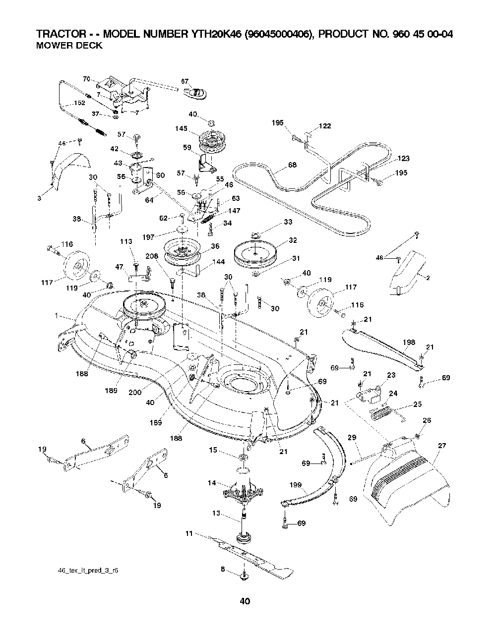 Mower Deck / Cutting Deck Diagram and Parts List for YTH20K4696045000406 2008-03 Husqvarna Lawn Tractor
