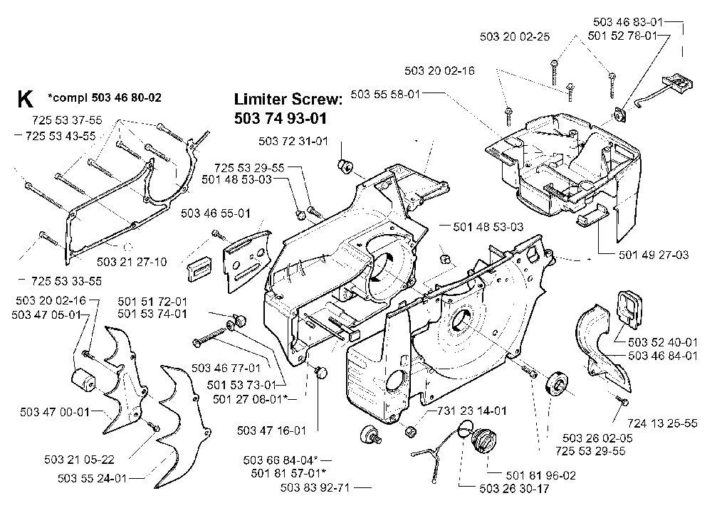 Crankcase Diagram and Parts List for 394XPEPA 19980900001 Husqvarna Chainsaw