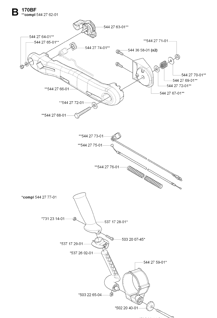 Handle And Controls Diagram and Parts List for 170BF 20061000001-20084000000 Husqvarna Leaf Blower / Vacuum