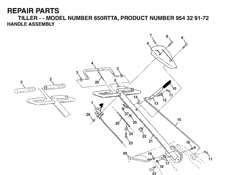Handle And Controls Diagram and Parts List for 650RTT (954329172)(2003-01) Husqvarna Cultivator