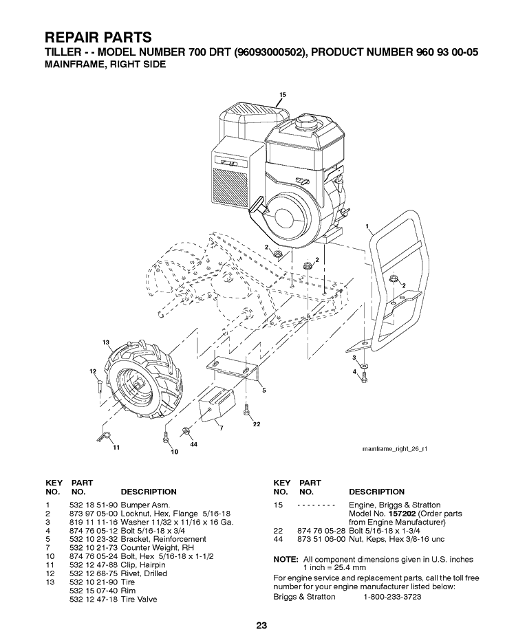 Mainframe, Right Side Diagram and Parts List for 700DRT 2009-01 Husqvarna Cultivator