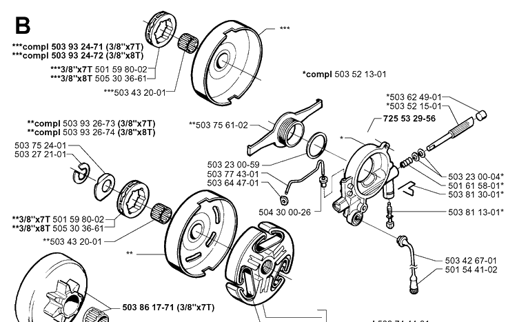 Clutch And Oil Pump Diagram and Parts List for 365 19991400001-19994699999 Husqvarna Chainsaw