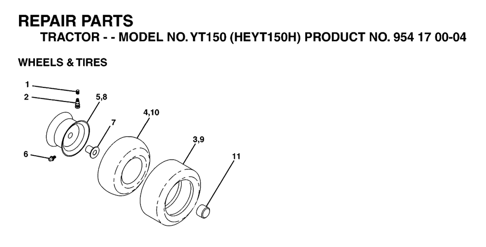 Wheels And Tires Diagram and Parts List for YT150 (954170004-H)(1996-01) Husqvarna Lawn Tractor