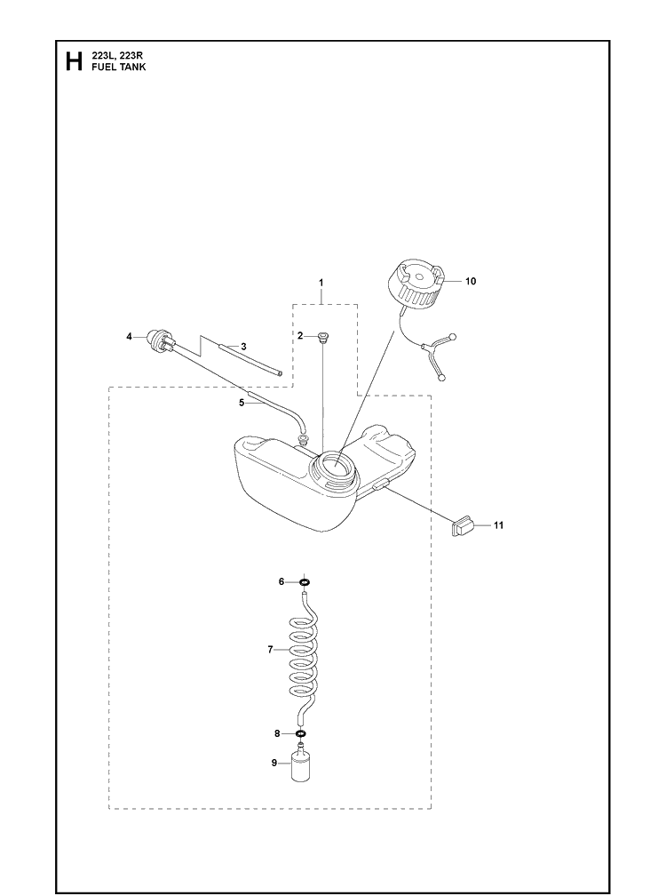 Fuel Tank Diagram and Parts List for 223R 2011 Husqvarna Brush Cutter