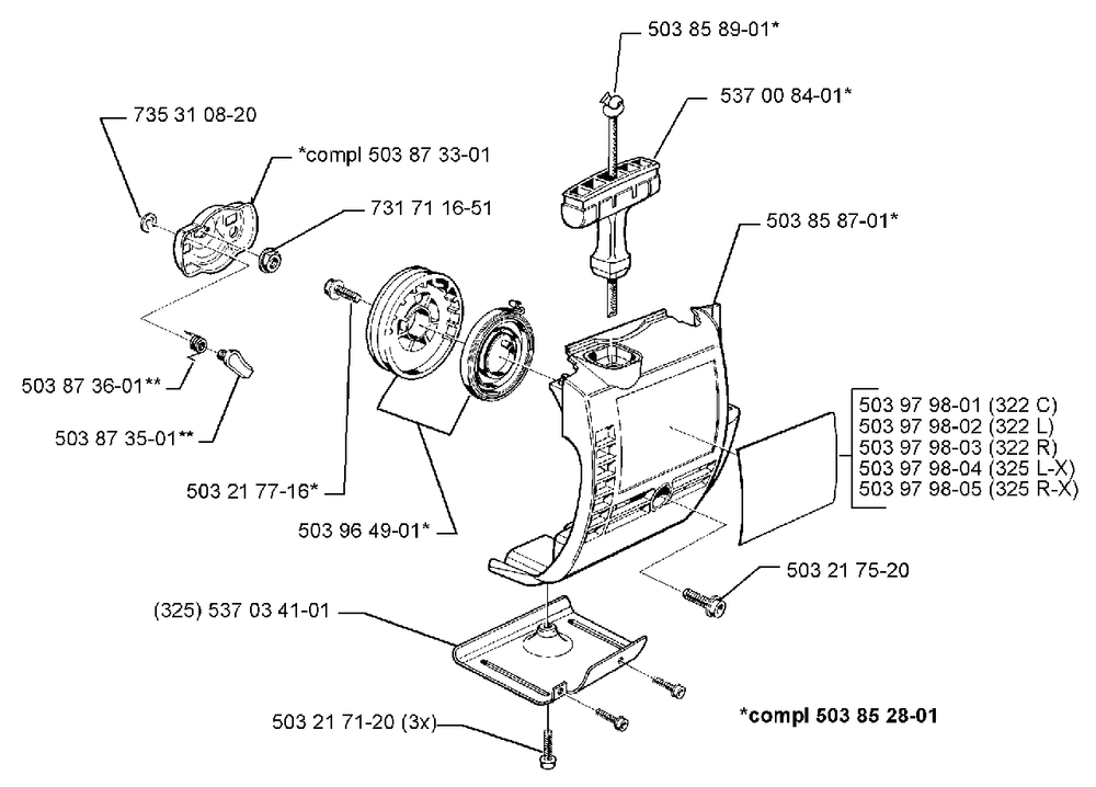 Recoil Starter Assembly Diagram and Parts List for 325LX 1999-03 Husqvarna Trimmer