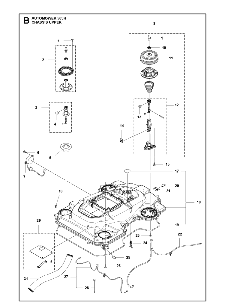 Chassis Upper Diagram and Parts List for 502H 2021-01 Husqvarna Lawn Mower
