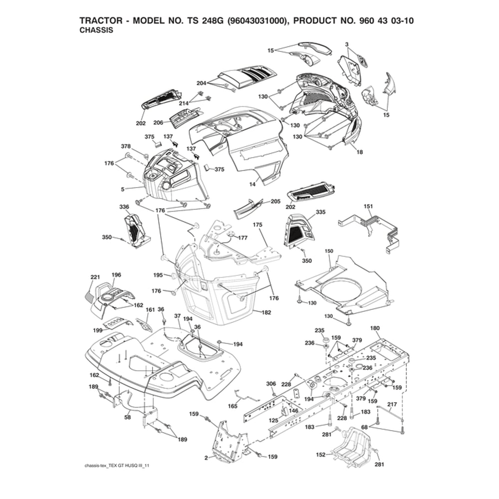Chassis Diagram and Parts List for 96043031000  Husqvarna Lawn Tractor