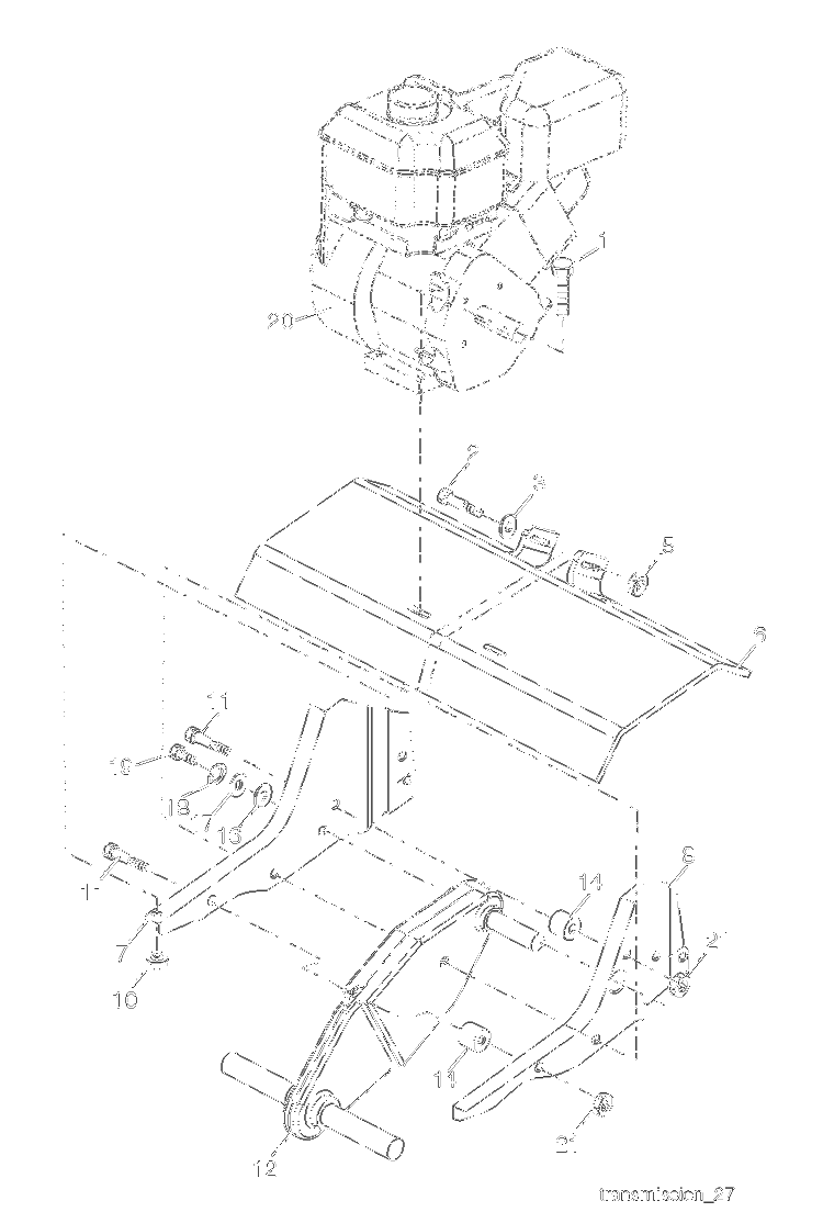 Transmission Diagram and Parts List for 25009 96083001000 Husqvarna Cultivator