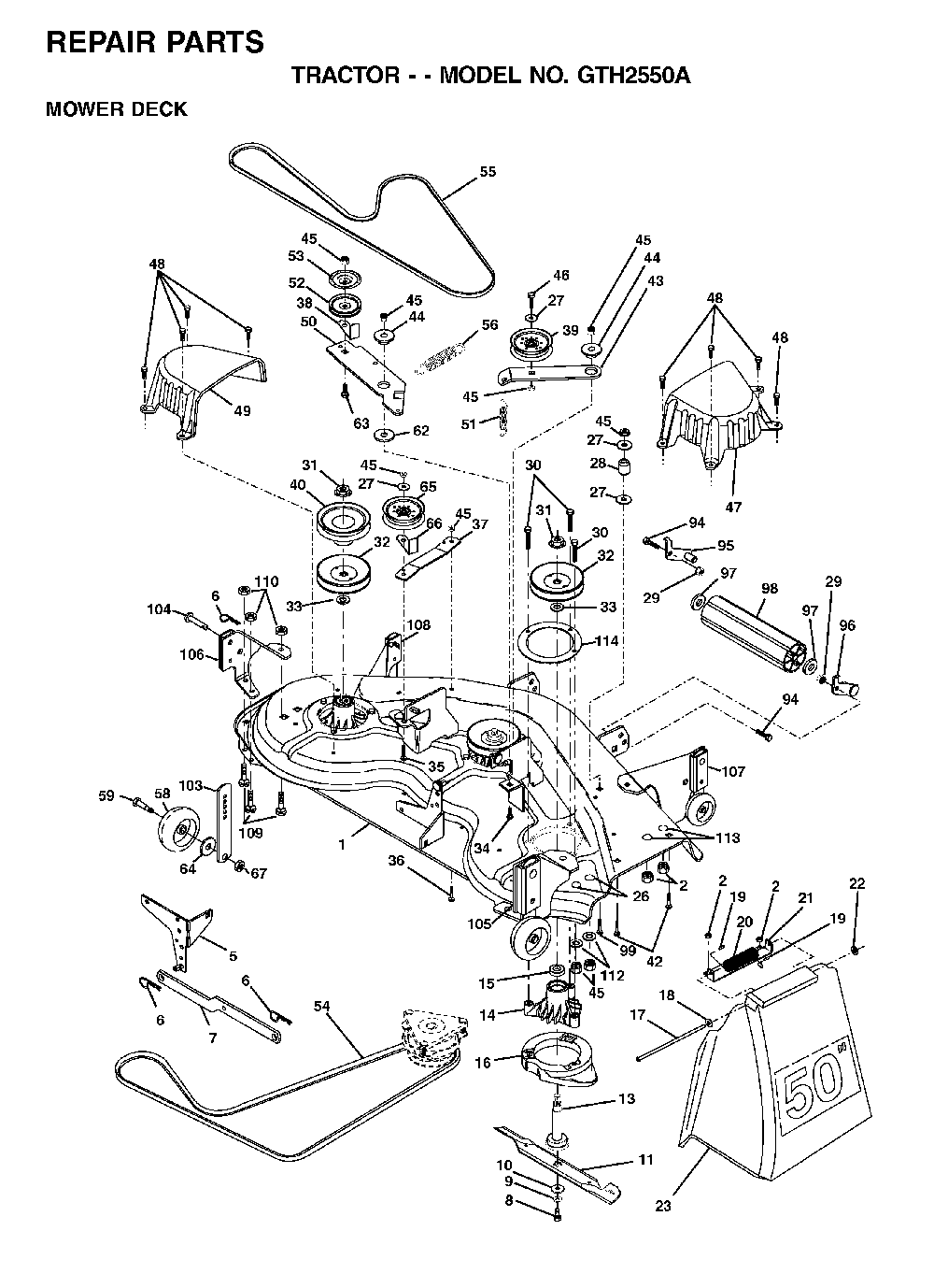 Mower Deck / Cutting Deck Diagram and Parts List for GTH2550A (954567109)(2001-05) Husqvarna Lawn Tractor