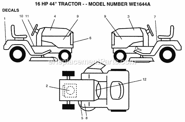 Decals Diagram and Parts List for WE1644A 1994 Husqvarna Lawn Tractor