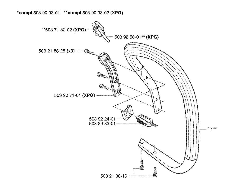 Front Handle Diagram and Parts List for 353EPA 2002-09 Husqvarna Chainsaw