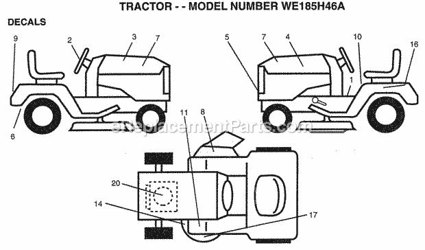 Decals Diagram and Parts List for WE185H46A 1998 Husqvarna Lawn Tractor