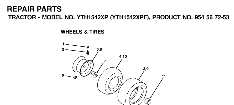 Wheels And Tires Diagram and Parts List for YTH1542XP (954567253)(2002-03) Husqvarna Lawn Tractor