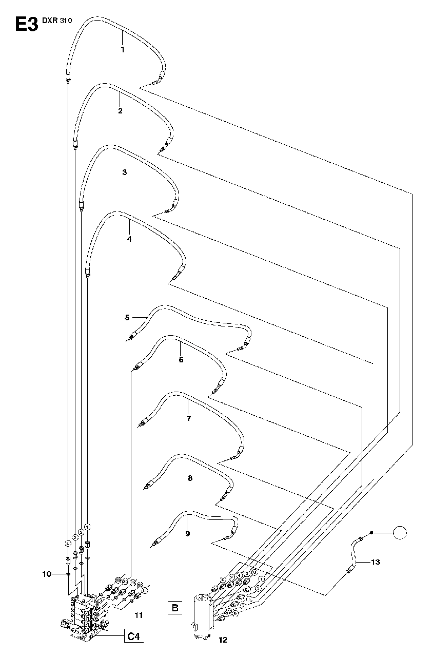 Hydraulic Hoses Under Carriage Diagram and Parts List for DXR310 (1 - 42)(2009-07) Husqvarna Demolition Hammer