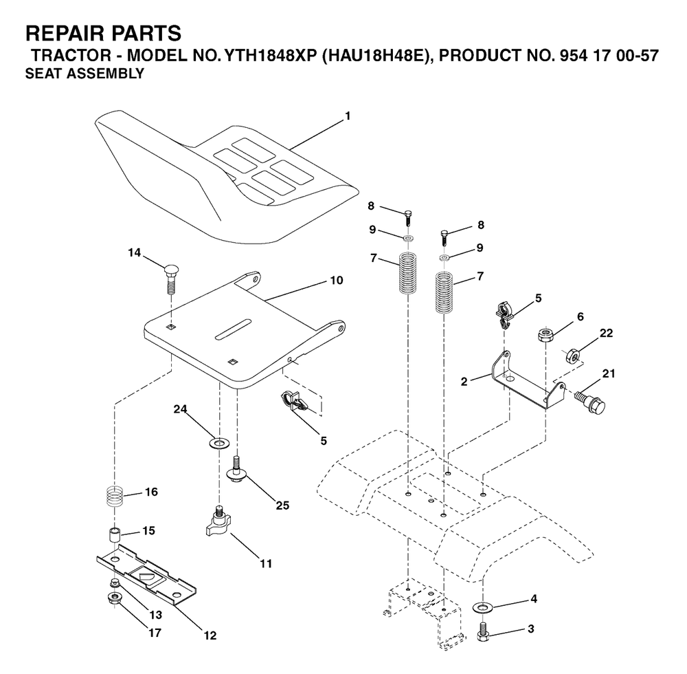 Seat Diagram and Parts List for YTH1848XP (954170057-E)(2003-01) Husqvarna Lawn Tractor