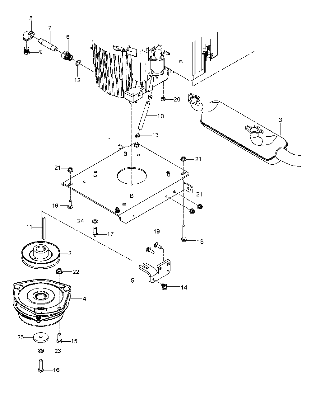 Engine Mounting, Guards And Muffler Diagram and Parts List for PZ6029FX966061201-00 2009-08 Husqvarna Lawn Tractor