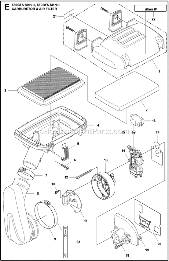 Carburetor And Air Filter Diagram and Parts List for 580BTSMARKIII  Husqvarna Leaf Blower / Vacuum