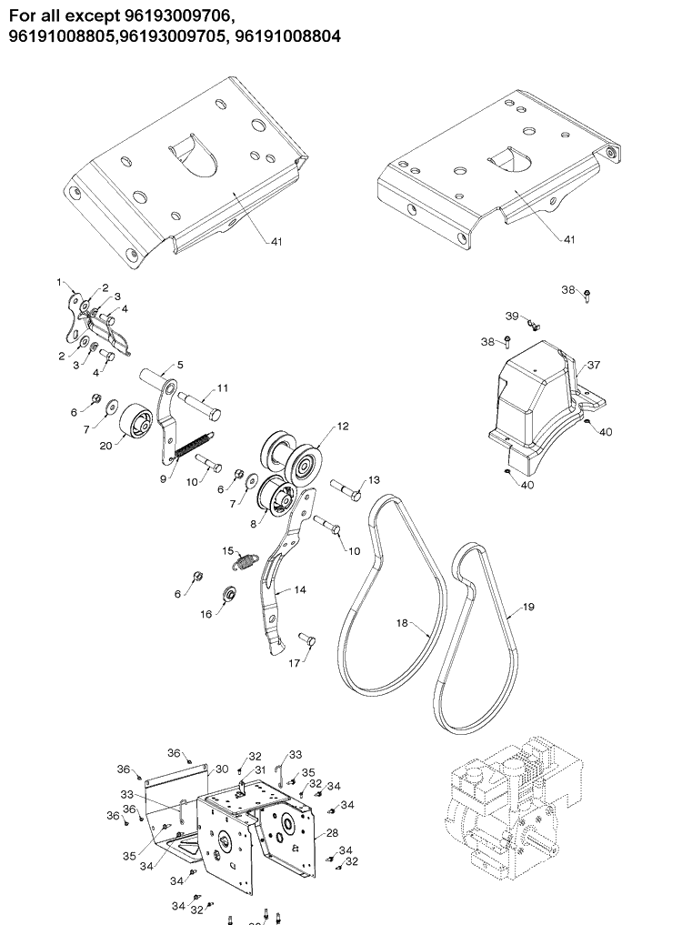 Chassis, Engine And Pulleys 2 Diagram and Parts List for ST227P  Husqvarna Snow Blower