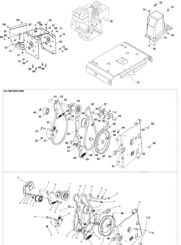 Chassis, Engine And Pulleys 2 Diagram and Parts List for ST327  Husqvarna Snow Blower