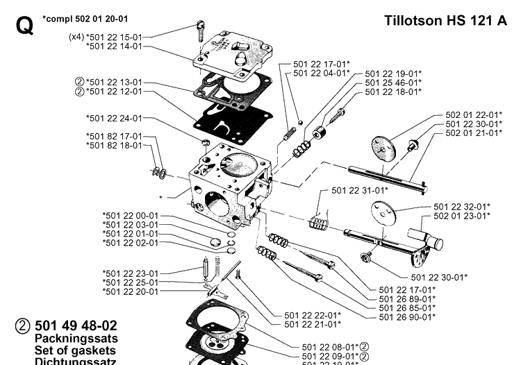 Carburetor Details Diagram and Parts List for 265RX 19991000001-20012600000 Husqvarna Brush Cutter